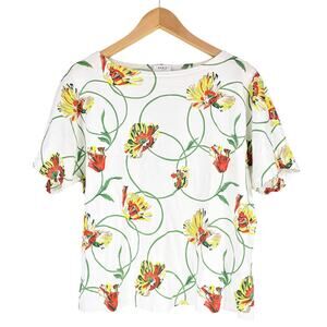 AKRIS PUNTO Poppy Dot Print Cotton Floral Tee Size 10 White Yellow Red Green
